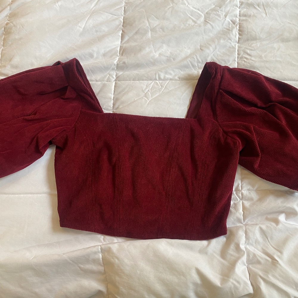 Corduroy Crop Square Neck Puff Sleeve Blouse - Burgundy